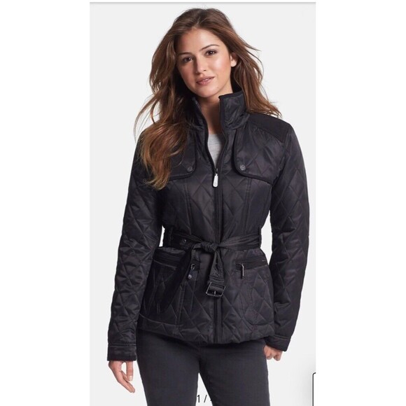 Vince Camuto Size Small Black Quilted Field Jacket Full Zip Elbow Patches - Picture 1 of 13